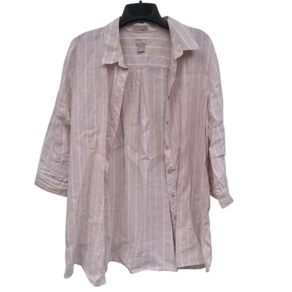 Chico's 100% Linen Tan White Striped FreshChic Non Iron Button Up Size 2 12/14 L - Picture 2 of 9